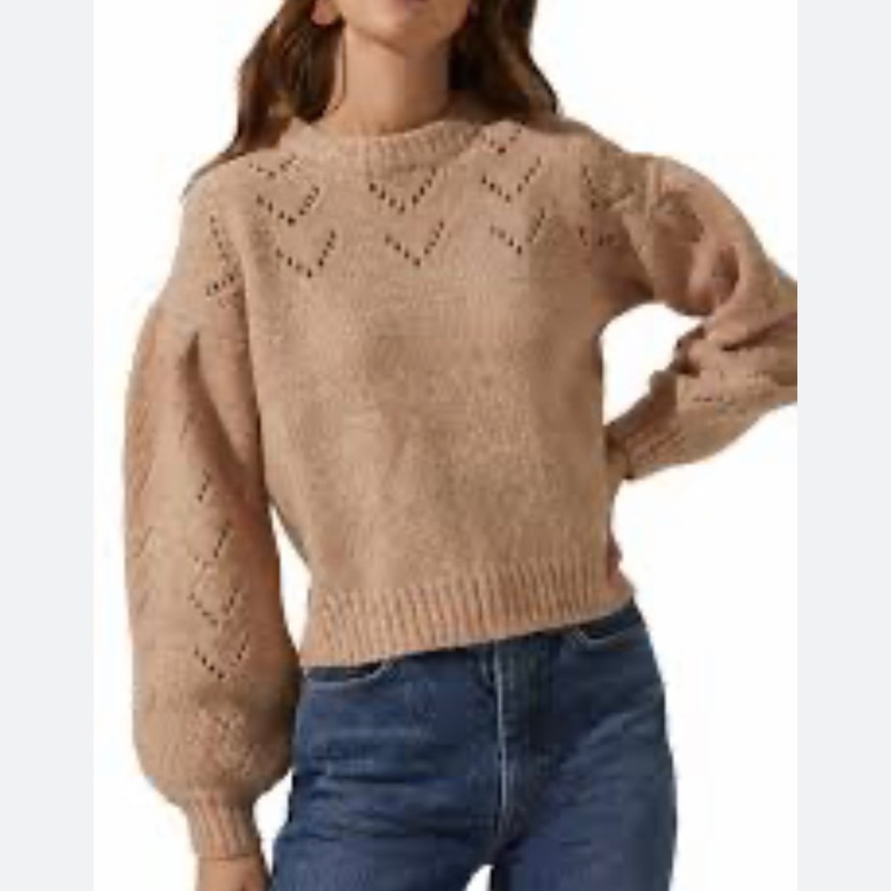 Astr The Label Pointelle Puff Sleeve Wool Blend Sweater